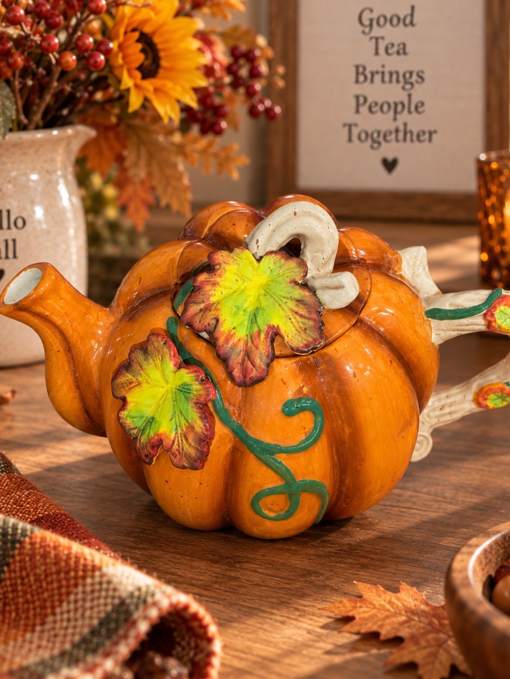Vintage Majolica Style Pumpkin Teapot Fall Harvest Ceramic Autumn